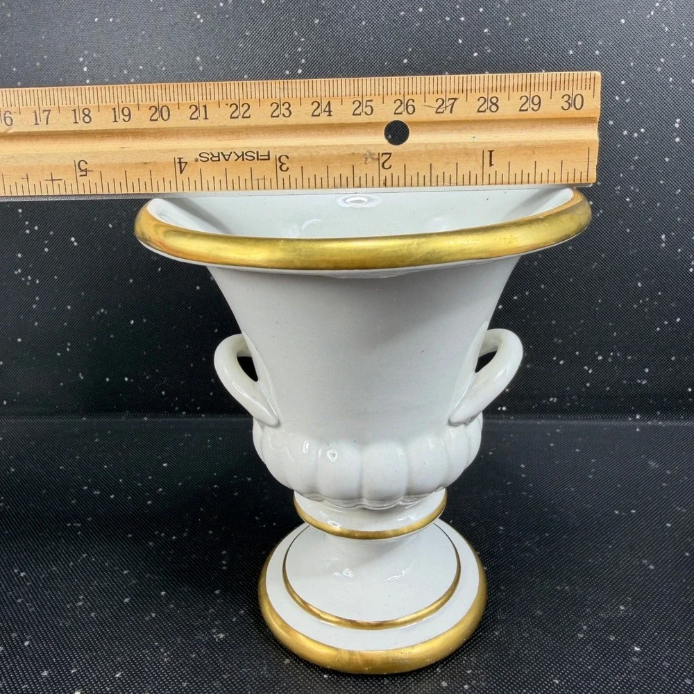 Mottahedeh Italy Porcelain Footed Urn Vase Bowl White Gold Trim Double Handle